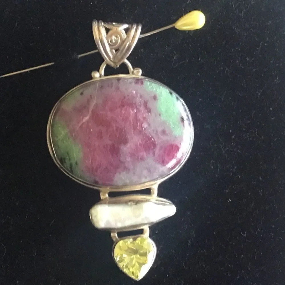 SS Ruby Zoisite, Biwa Pearl, Lemon Quartz Pendant